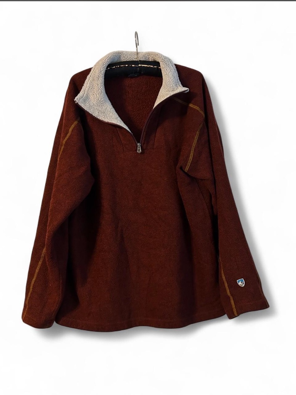 KÜHL Brick Red “Alfpaca” fleece quarter zip Pullover with orange trim